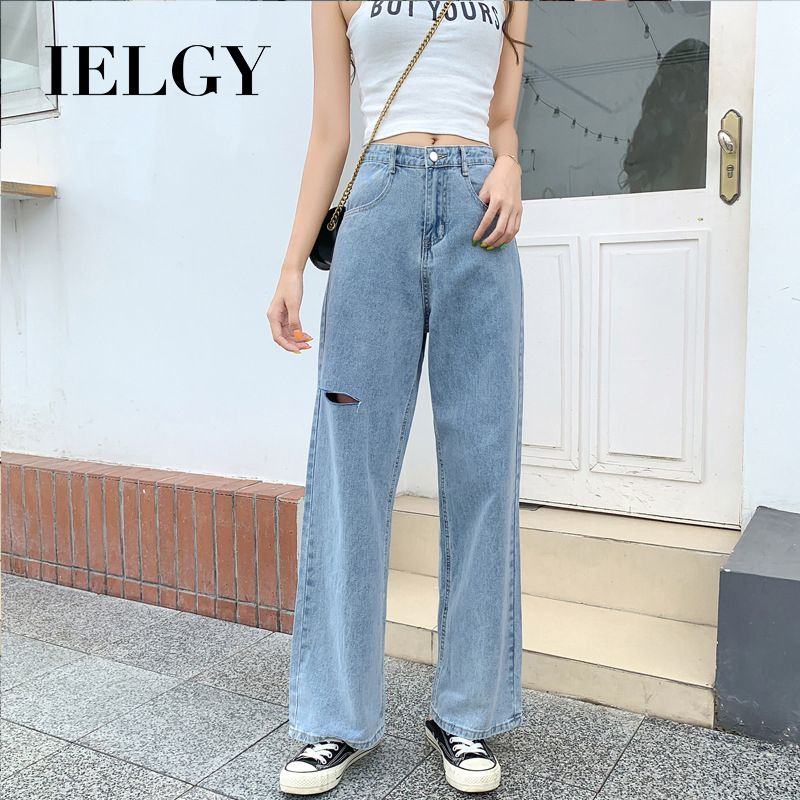 IELGY Korean style loose women's high waist straight wide hole wide-leg jeans women mopping pants