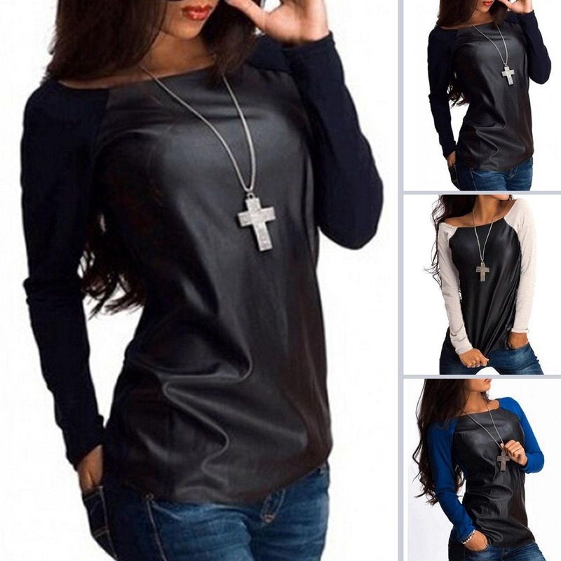 Womens Leather Long Sleeve Sweatshirt T-Shirt Casual Loose Blouse