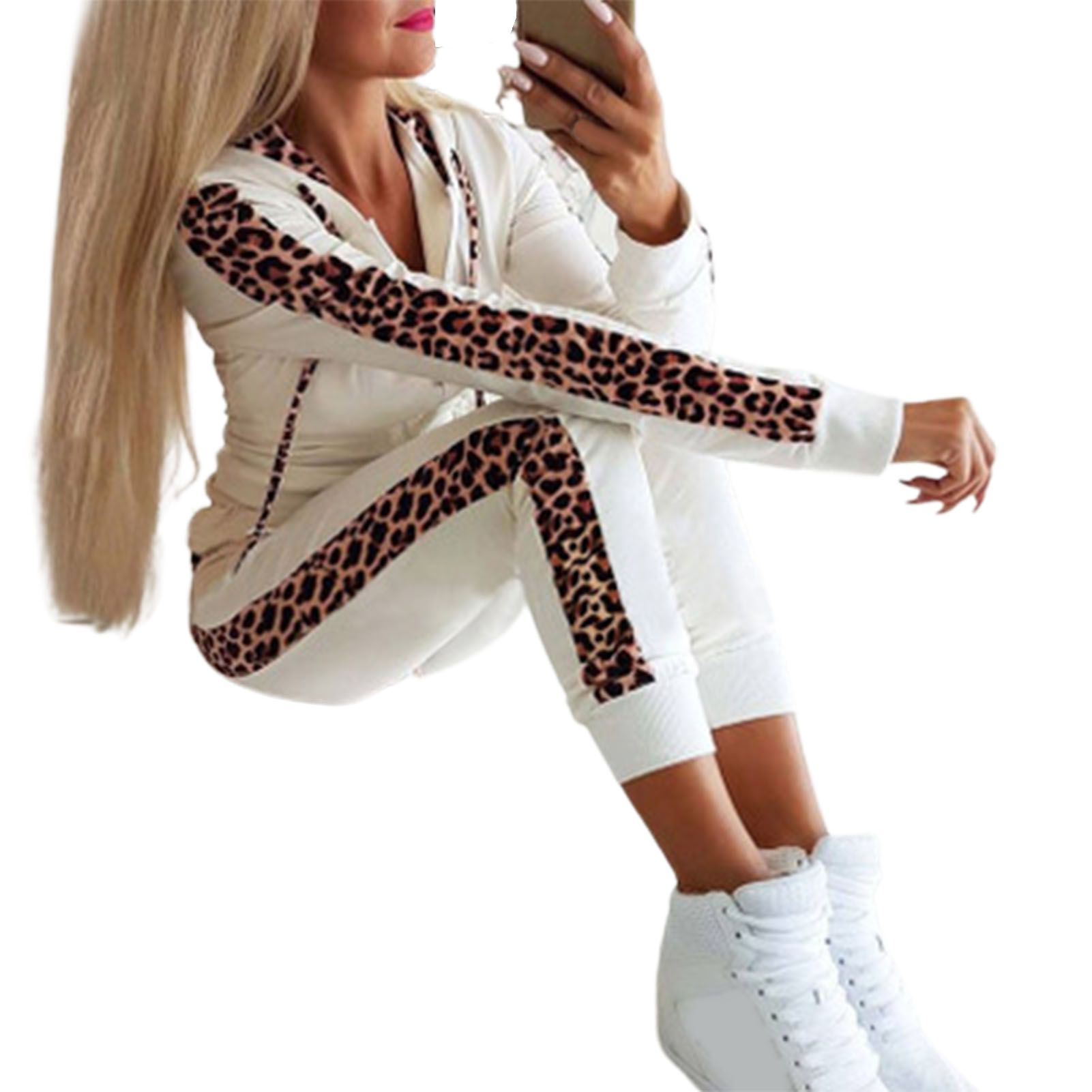 Hoodie Pants Set Warm Leopard Stitching Drawstring Sporty Outfit