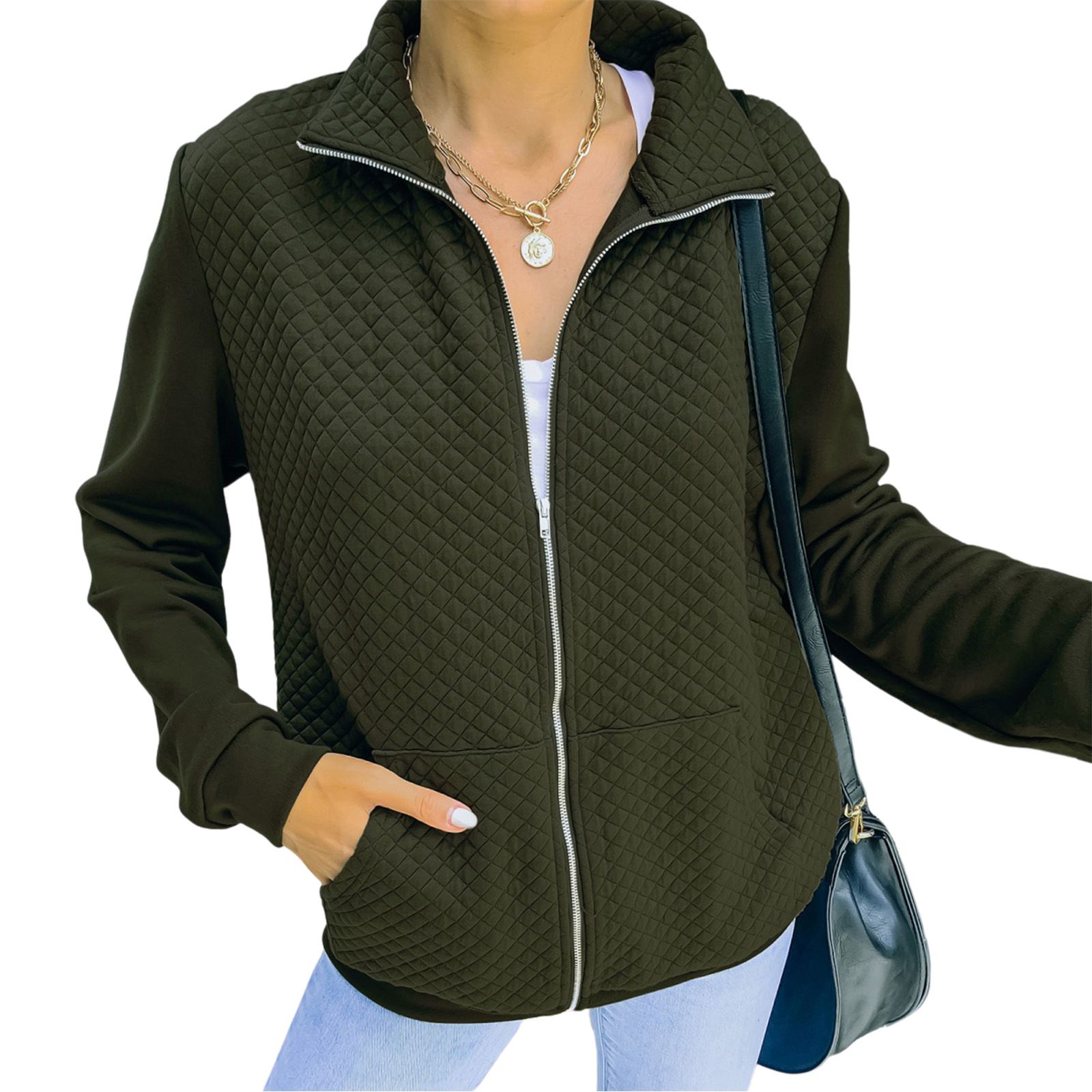 Women Loose Style Jacket, with Pockets, Long Sleeve Zipper Closure Collared Coat, S/ M/ L/ XL
