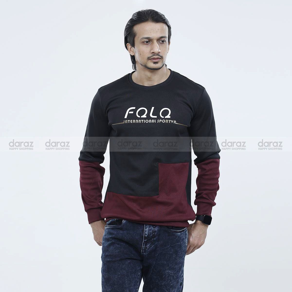 Black & Maroon Full Sleeve Stylish T-shirt For Men