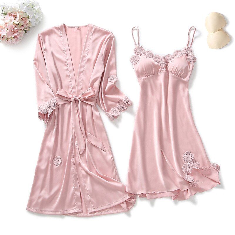 Satin Sleepwear Female with ChPads y Women Pajamas Lace Slik Sleep Lounge 4 Pieces Sets Elegant Ladies Indoor Clothing