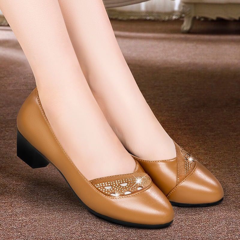 Korean Women Work Shoes Office Leather Shoes Thick Heels Printed Round Toe Shoes Soft Non-slip Shoes  New