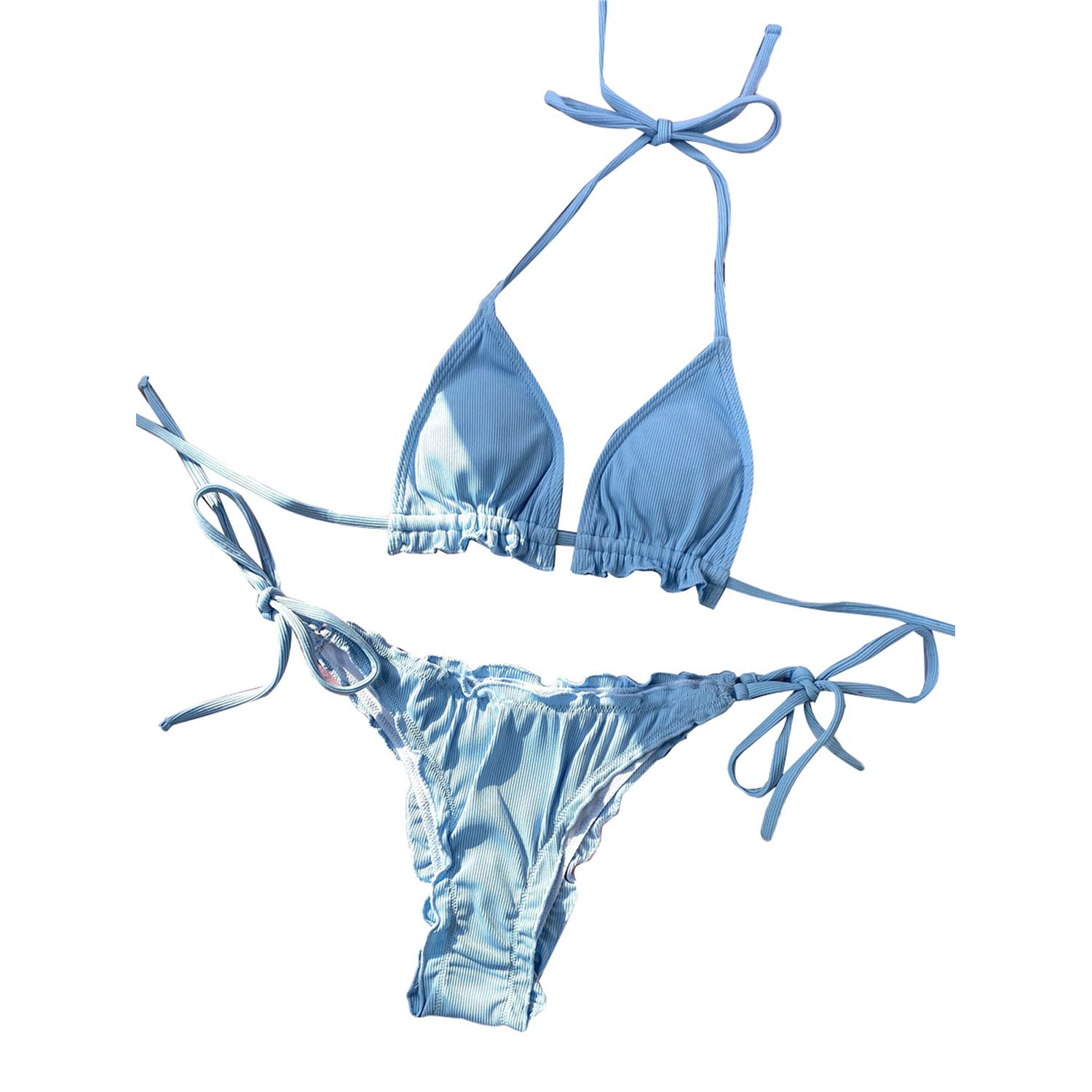 2 Pcs Women  Bathing Suits, Adults Tie-up Padded Solid Color Lettuce Trim Bikini Bra + Thong