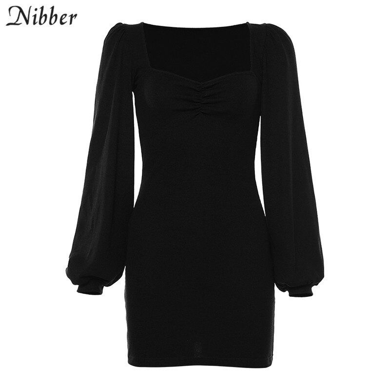 Nibber Harajuku Pure Knitting Full Sleeve Low Cut Dress Women's Office Lady Street Casual Wear Black Basic Bodycon Mini Dresses