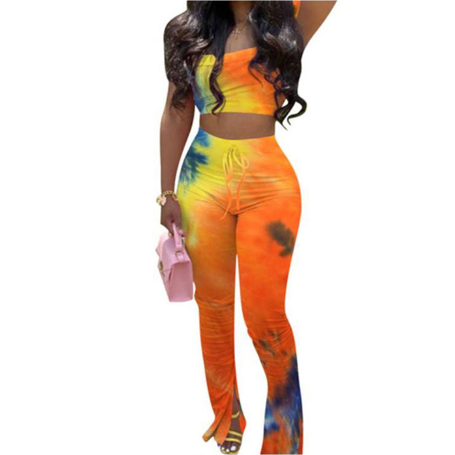 Women's Off-shoulder Trouser Suit, Gradient Tight Sports Set, Lace-up High Waist Outfits