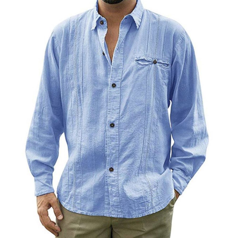 Men Casual Solid Color Long Sleeve Turn Down Collar Button Cotton Linen Shirt Top