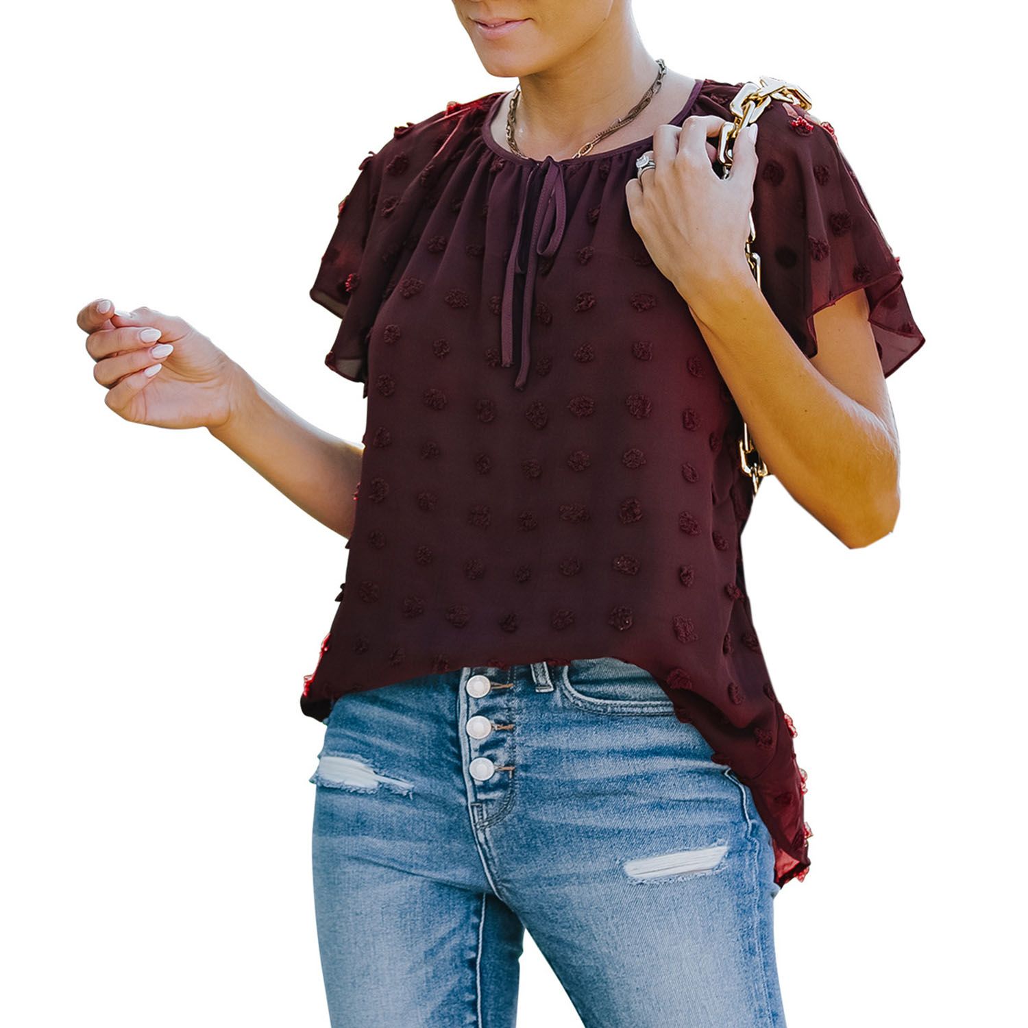 Women Summer Casual T-shirt, Adults Tie-up Dot Pattern Short Sleeve Round Neck Pullover