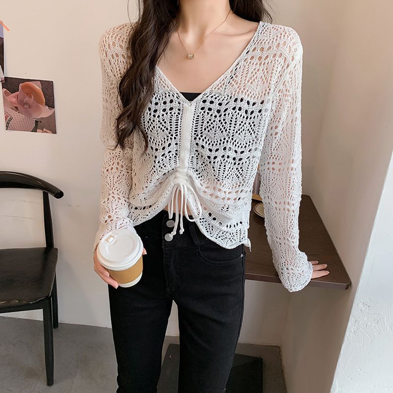 Yfashion Women  Knitted  Shirt Loose Long-sleeved Mesh Drawstring Hollow Short op V-neck hin Blouse color