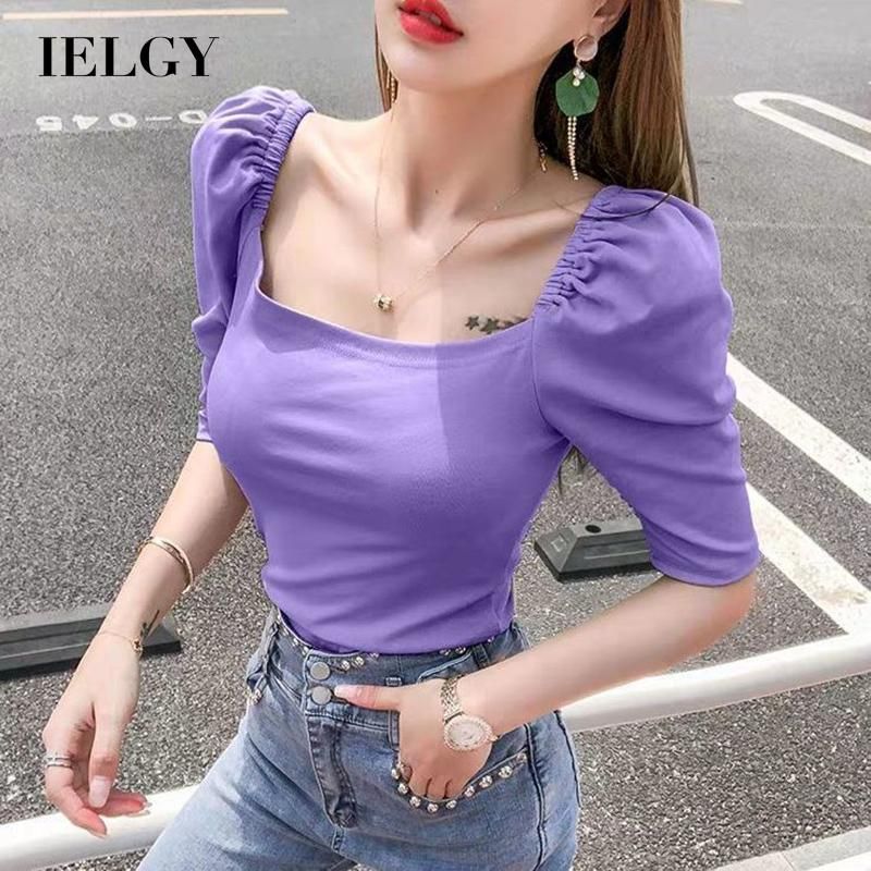 IELGY Top Puff sleeves Women's t-shirt Short sleeves Square collar Fashion High waist Solid color All-match Short style