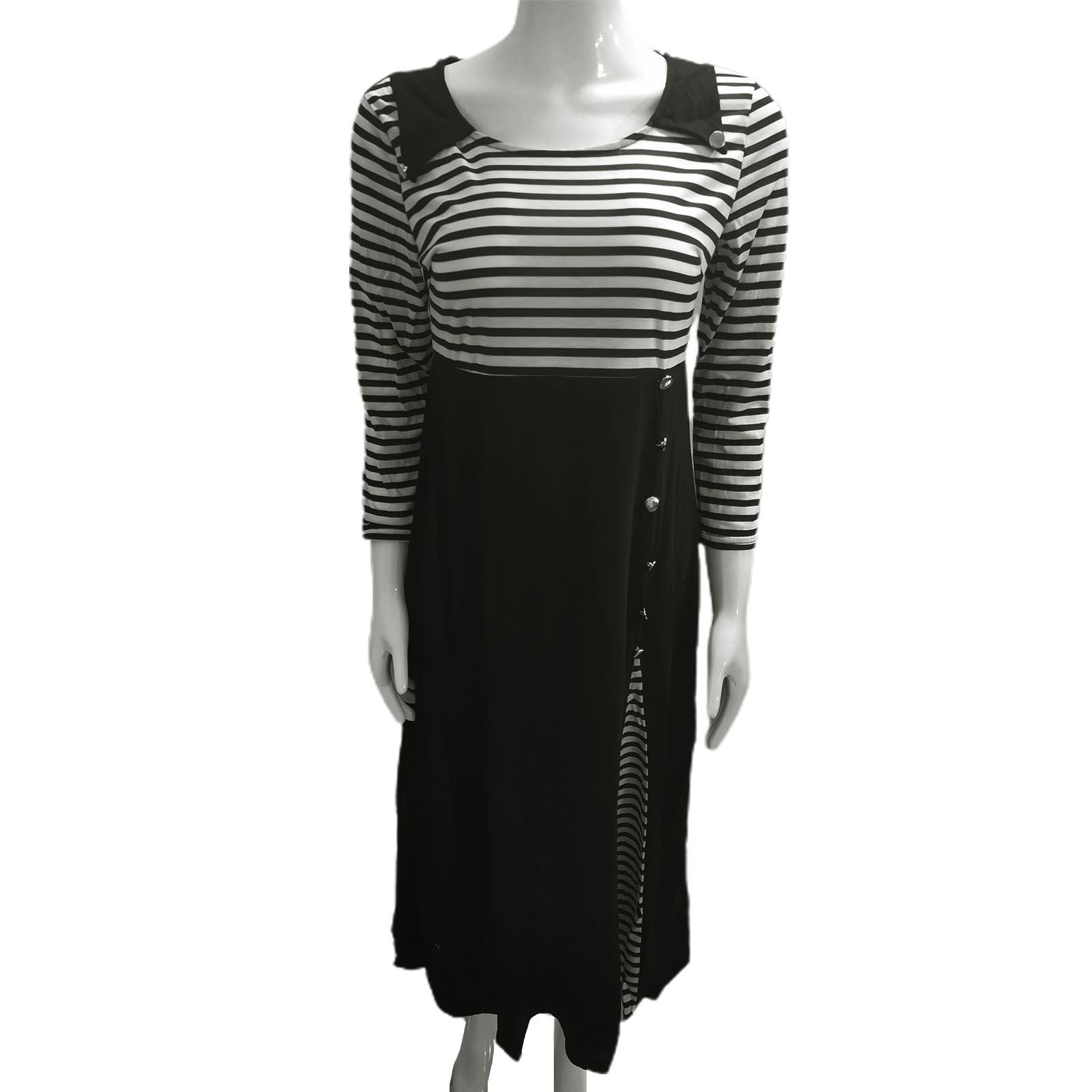 Party Dress Stripe Print Patchwork O-Neck 3/4 Sleeve Buttons Decor Women Dress