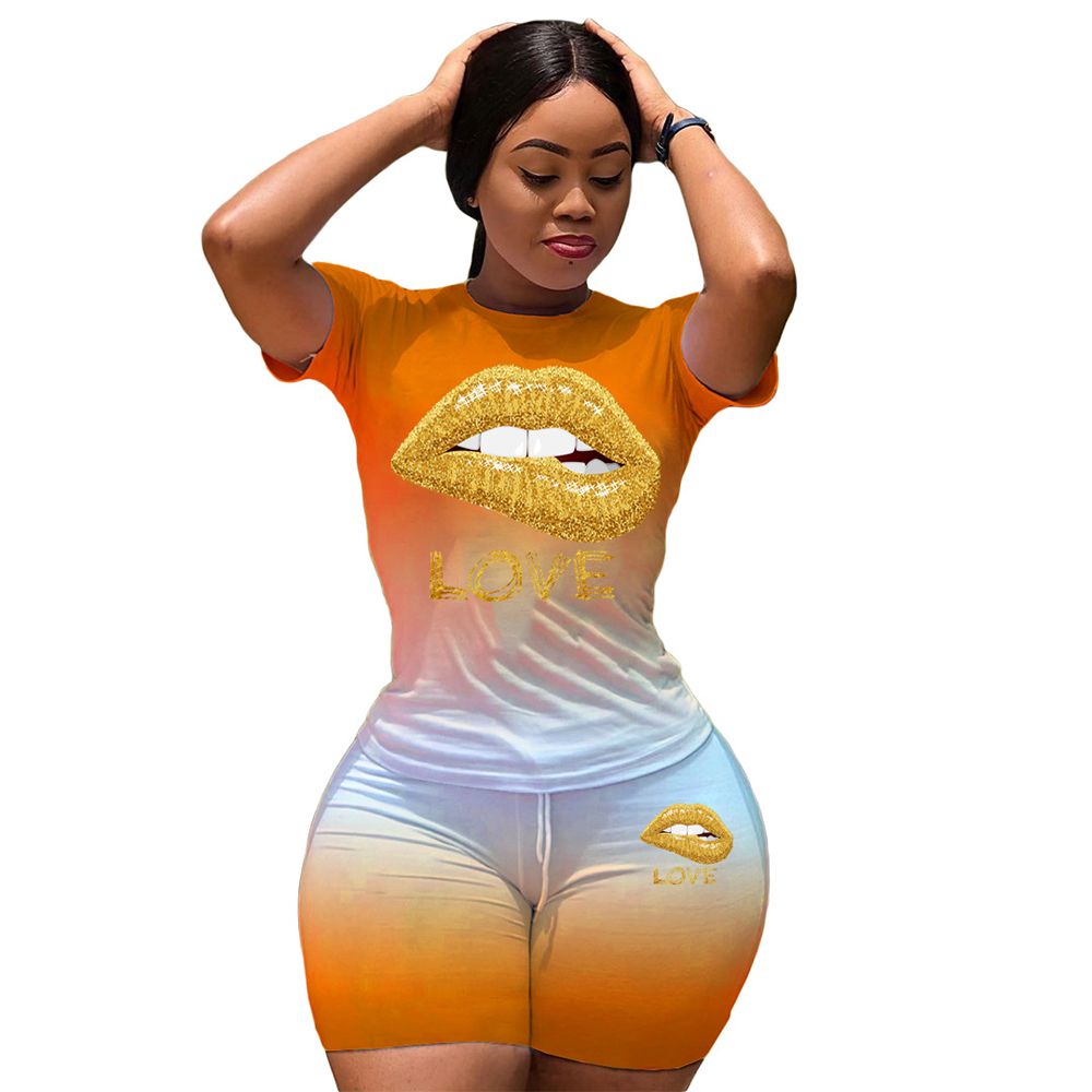 Women’s Short Sleeve T-shirt Shorts Suit Fashion Gradient Lip Pattern Pullover Top and Tight High-waist Pants