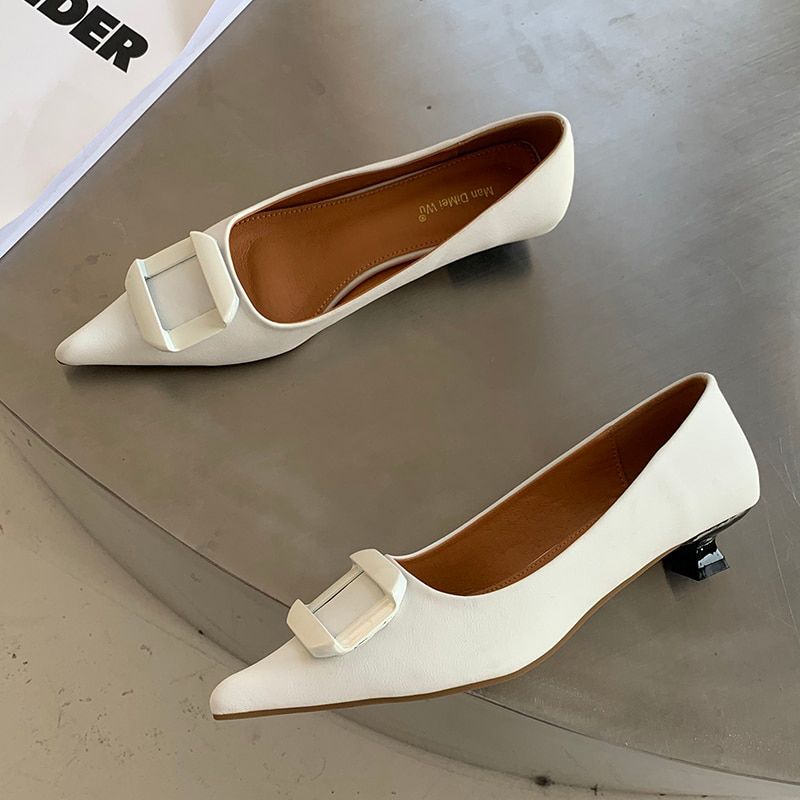Women White Orange Kitten Low Heels Dress Prom Shoes Office Lady High Heels Buckle Pumps Scarpins