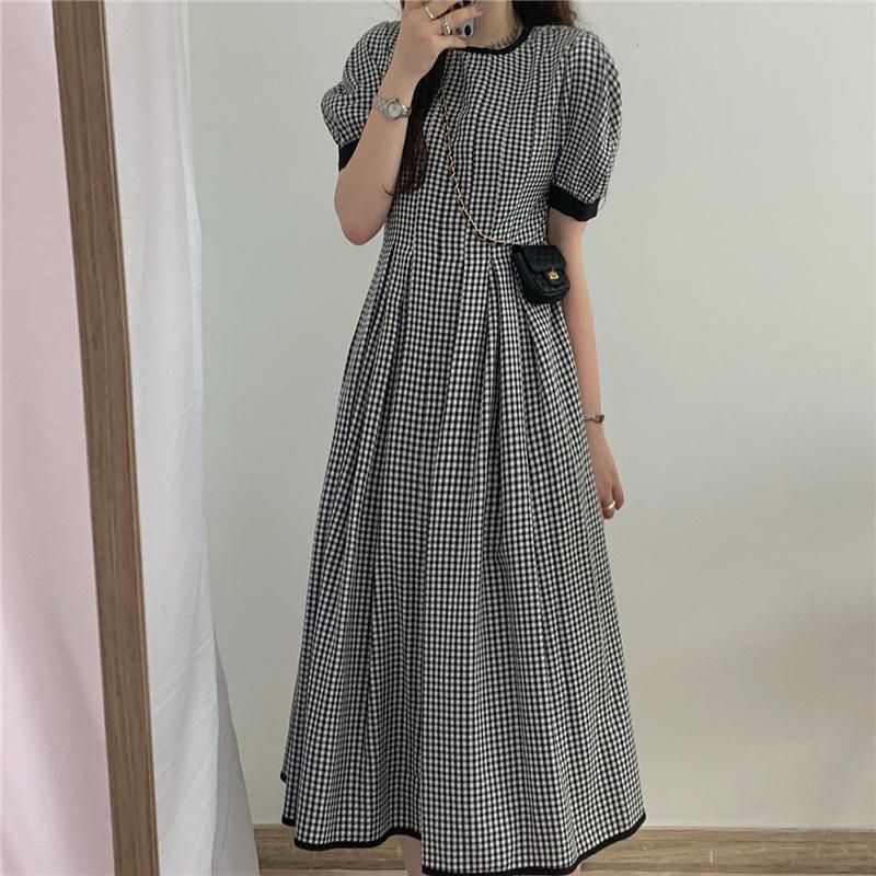 ZCWXM 2021 New Summer Women Dress Vintage Gentle Plaid Dresses Korean Style Slim O-neck Girl A-line Vestidos Elegantes