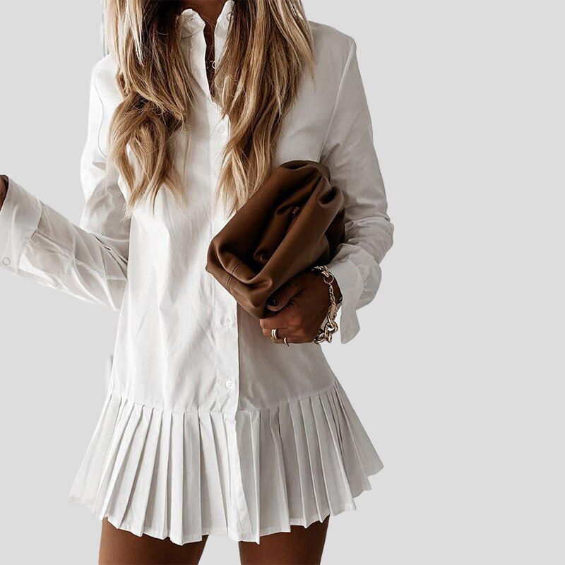 Autumn Long Sleeve White Pleated Shirt Dress Women Casual Turn Down Collar Mini Dress Button Lady A Line Office Vestidos