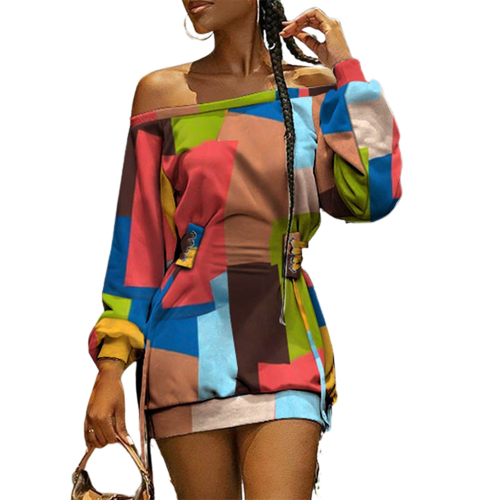 Autumn Dress Cartoon Print Lace-up Slash Neck Colorful Dress