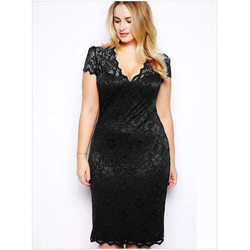 XXXXXL XXXXL Summer Dress 2020 Sexy Women Casual Short Sleeve Beach Short Dress Solid Black Lace Dress Vestidos Plus Size