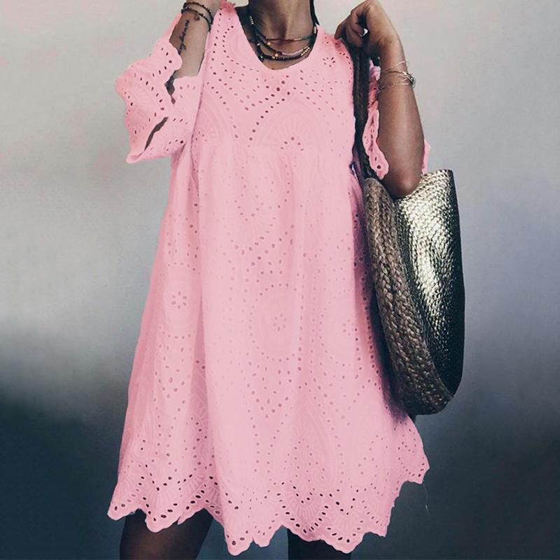 Bohemain Lace Dress Women's Summer Sundress Fashion Flare Sleeve Knee Length Vestidos Female Hollow Cotton Robe