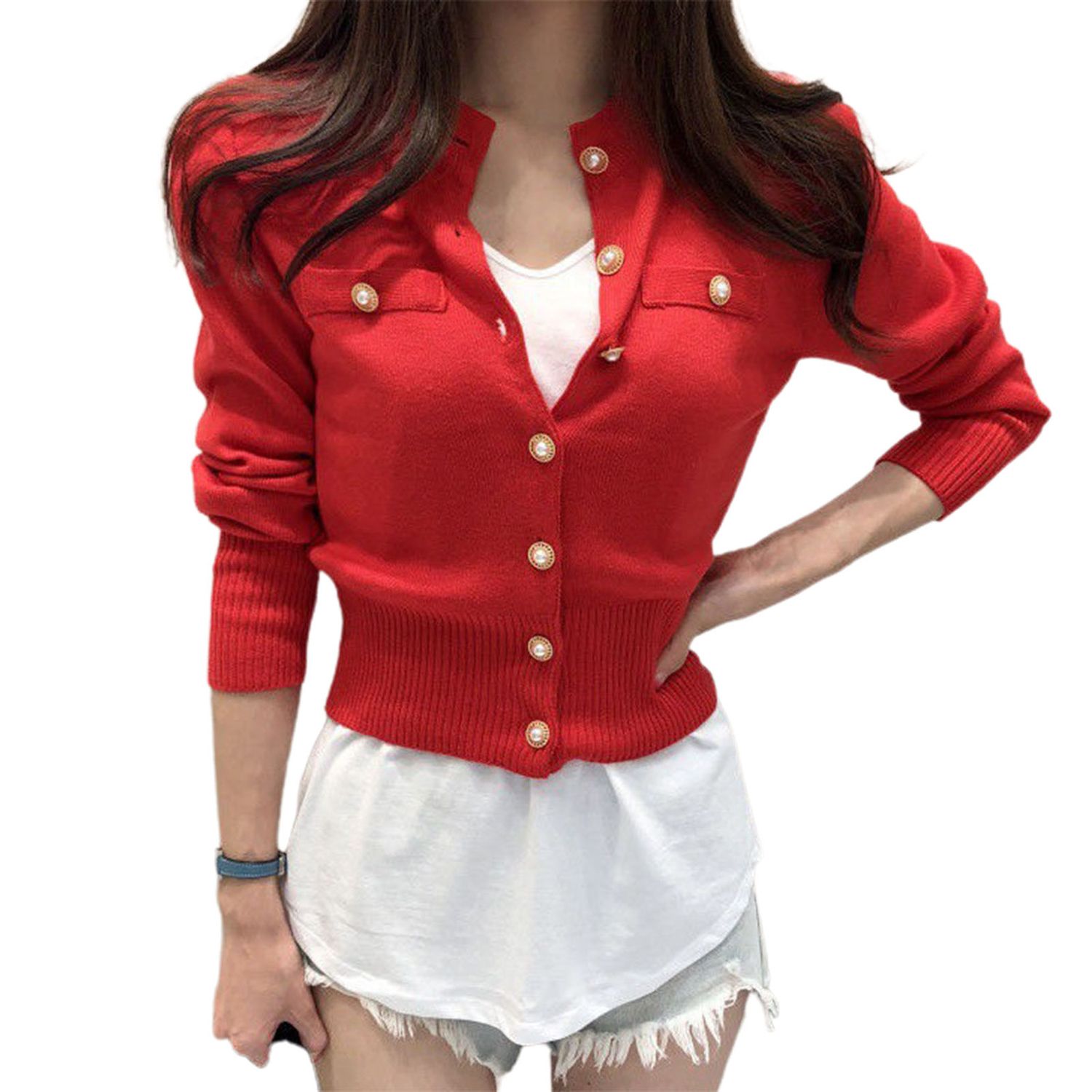 Sweater Coat Ribbed Hem Faux Pearl Buttons Solid Color Knitted Coat