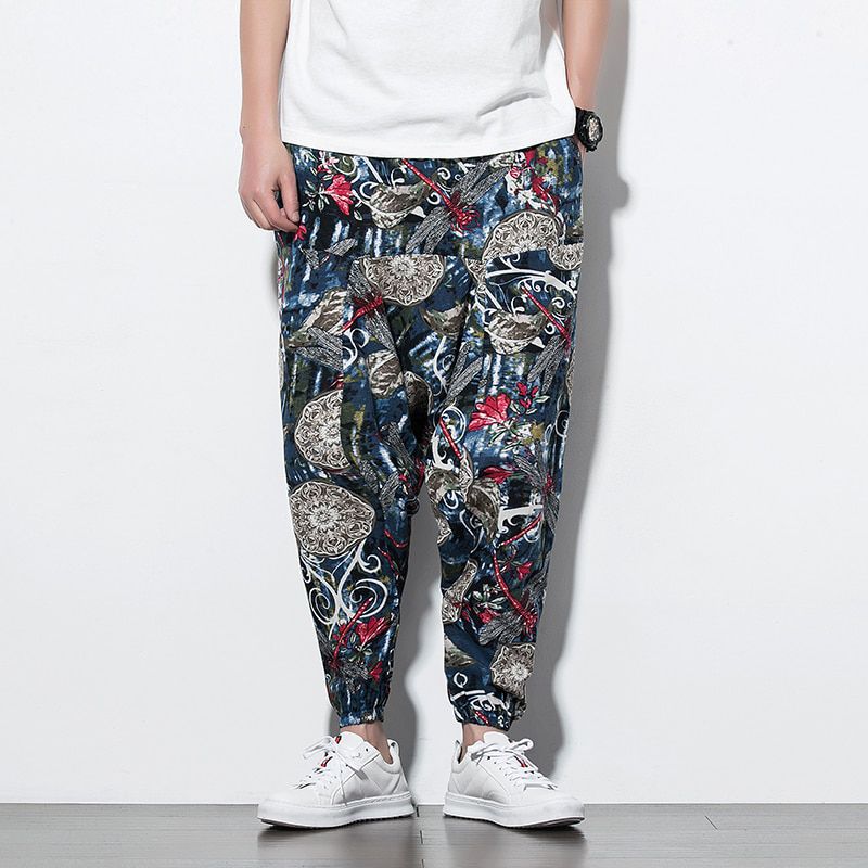 Baggy Cotton Men Harem Pants with Pocket Men Hip-hop Harem Pants Wide Leg Trousers Casual Vintage Men Aladdin Pants