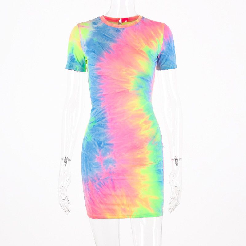 RainNeon Tye Dye Sexy T Shirt Dress Women Summer Clothing 2019 Fashion Short Sleeve Mini Bodycon Dresses