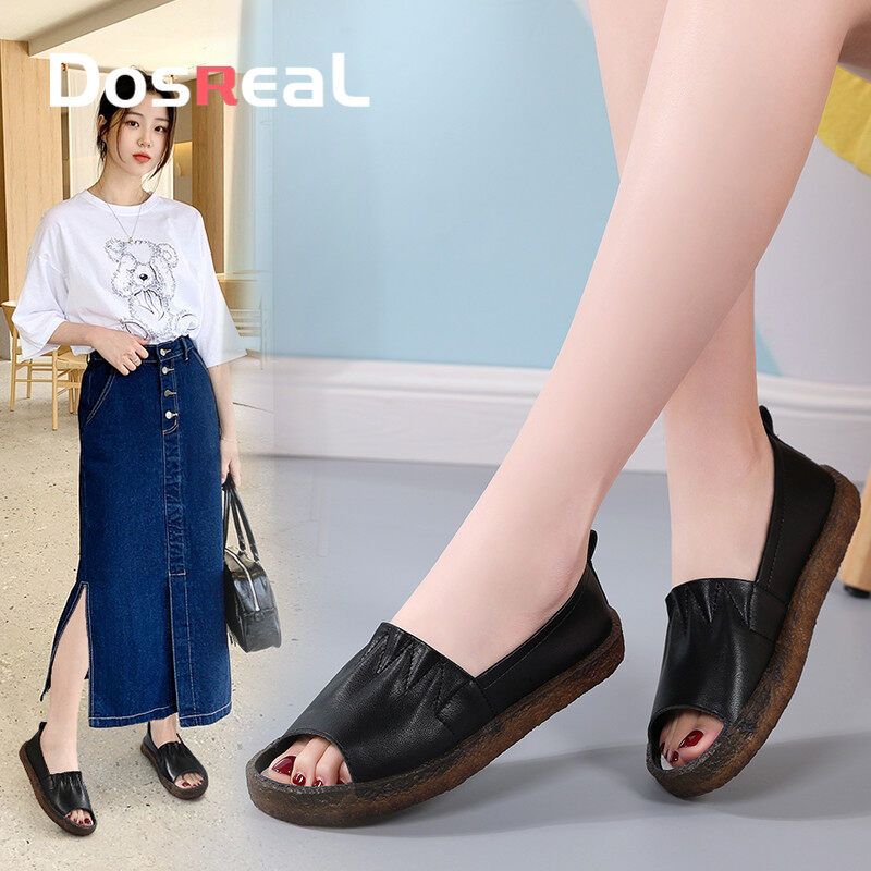 Summer Sandals For Women  Leather Slip On Peep Toe Soft Women Loafers Confortable Ladies White Shoes Large Size 41
