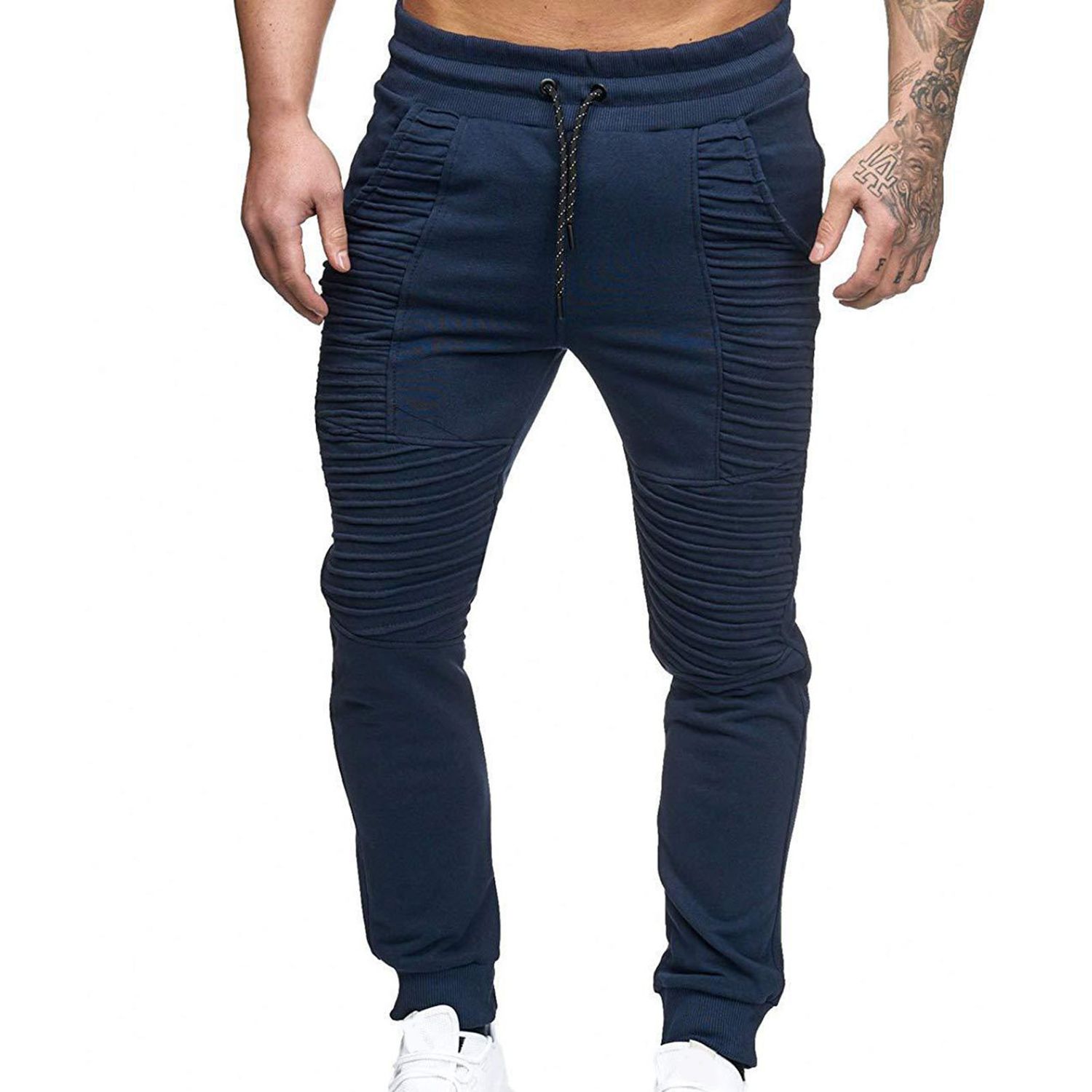 Men Sweatpants Solid Color Striped Pleated Sports Casual Trousers