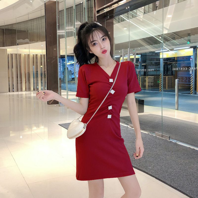 2021 Women's Short Sleeve Dress Summer Elegant fashion V-neck Midi Dress A-line Skirt Solid Color