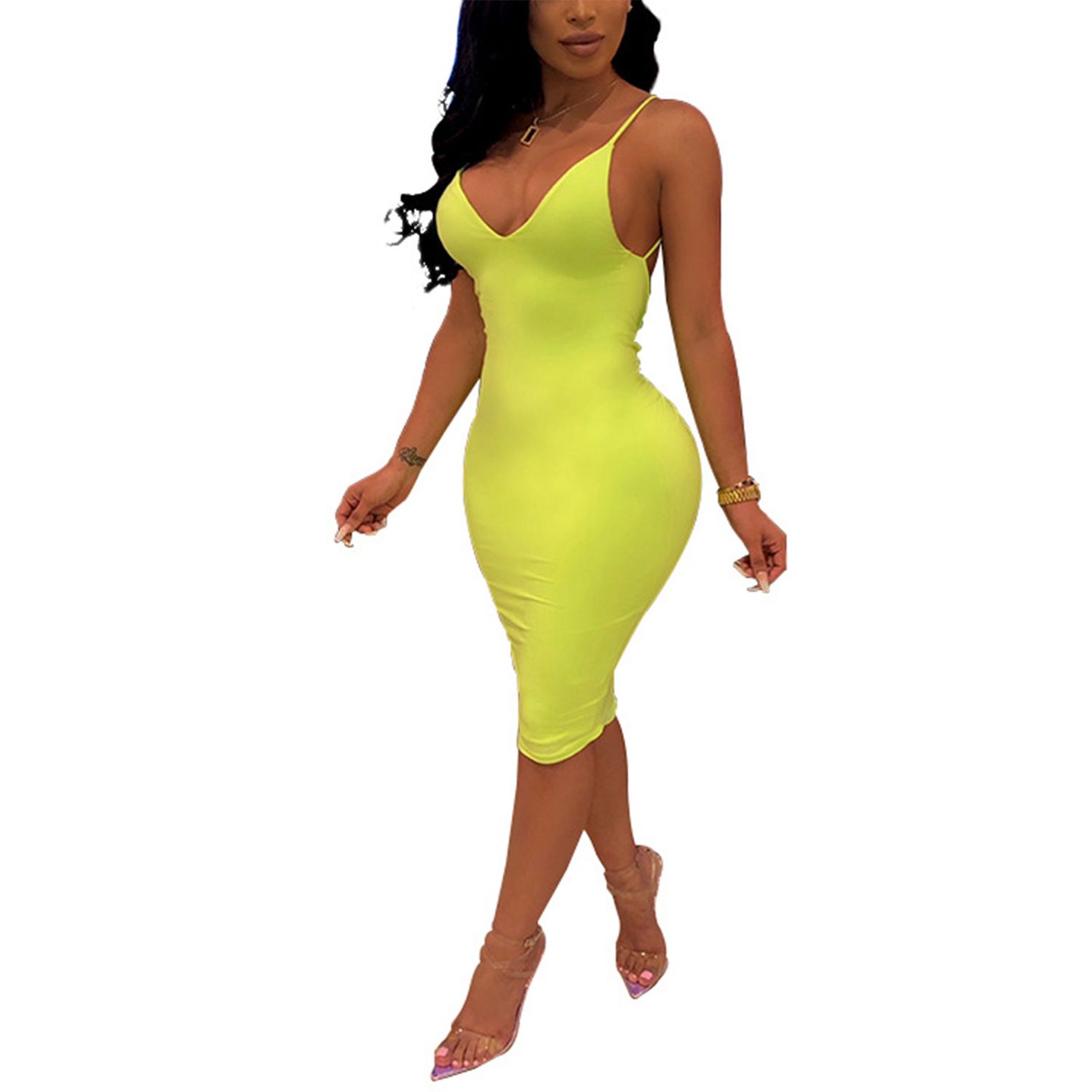 2021 Women Solid Color Dress, Slim Deep V Neck Spaghetti Strap Dress Fashion Backless High Waist Clothes