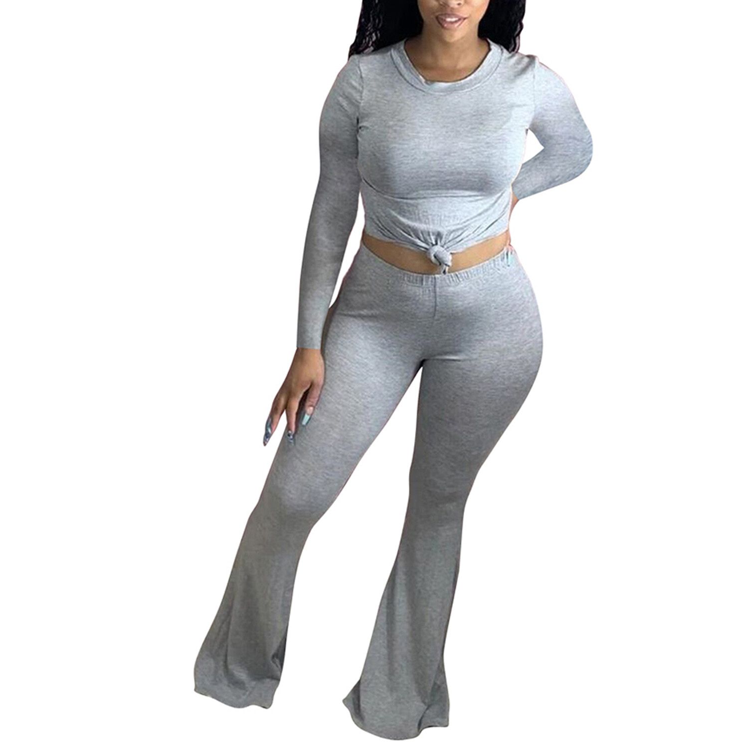 2021 2 Pieces Suit Set, Women’ s Solid Color Round Neck Long Sleeve T-Shirt and Trousers, S/M/L/XL/XXL