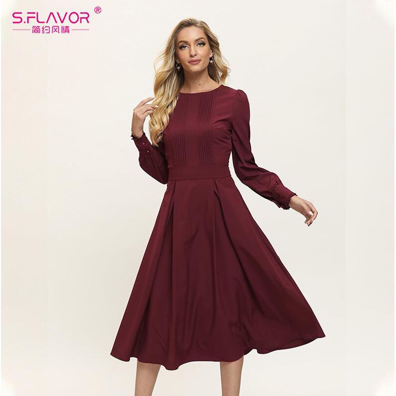 S.FLAVOR Women Vintage Solid Color A-line Dress Elegant Green Long Sleeve Pleated Midi Vestidos 2022 Spring Casual Dresses
