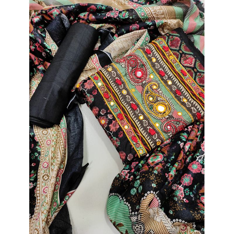 New Fashionable Indian Butix Karchupi & Embroidery Gujrati Stylish Gorgeous Mail & Skin Print Unstitched Cotton Three Piece For Women