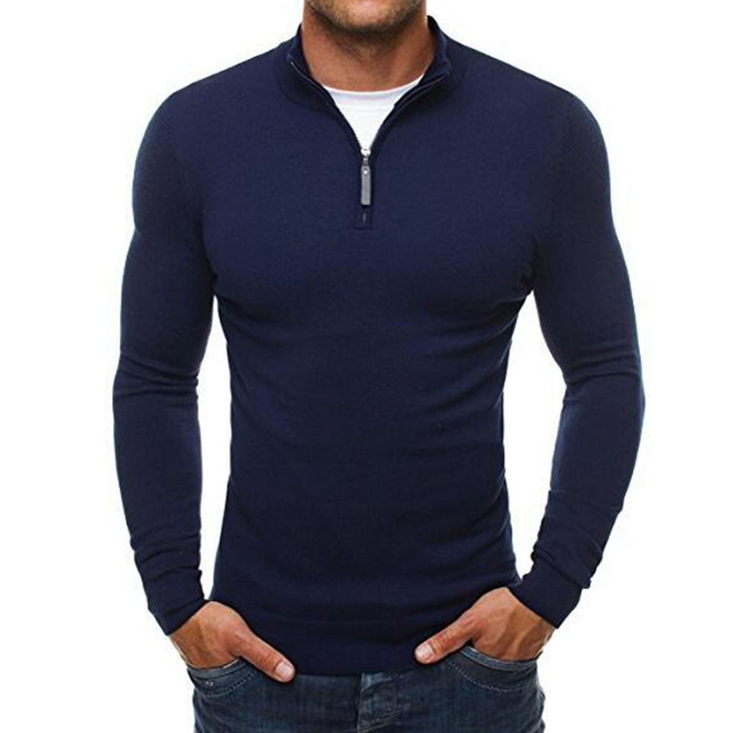 Sweater Jumper Cold Resistant Solid Color Stand Collar Men Knitwear