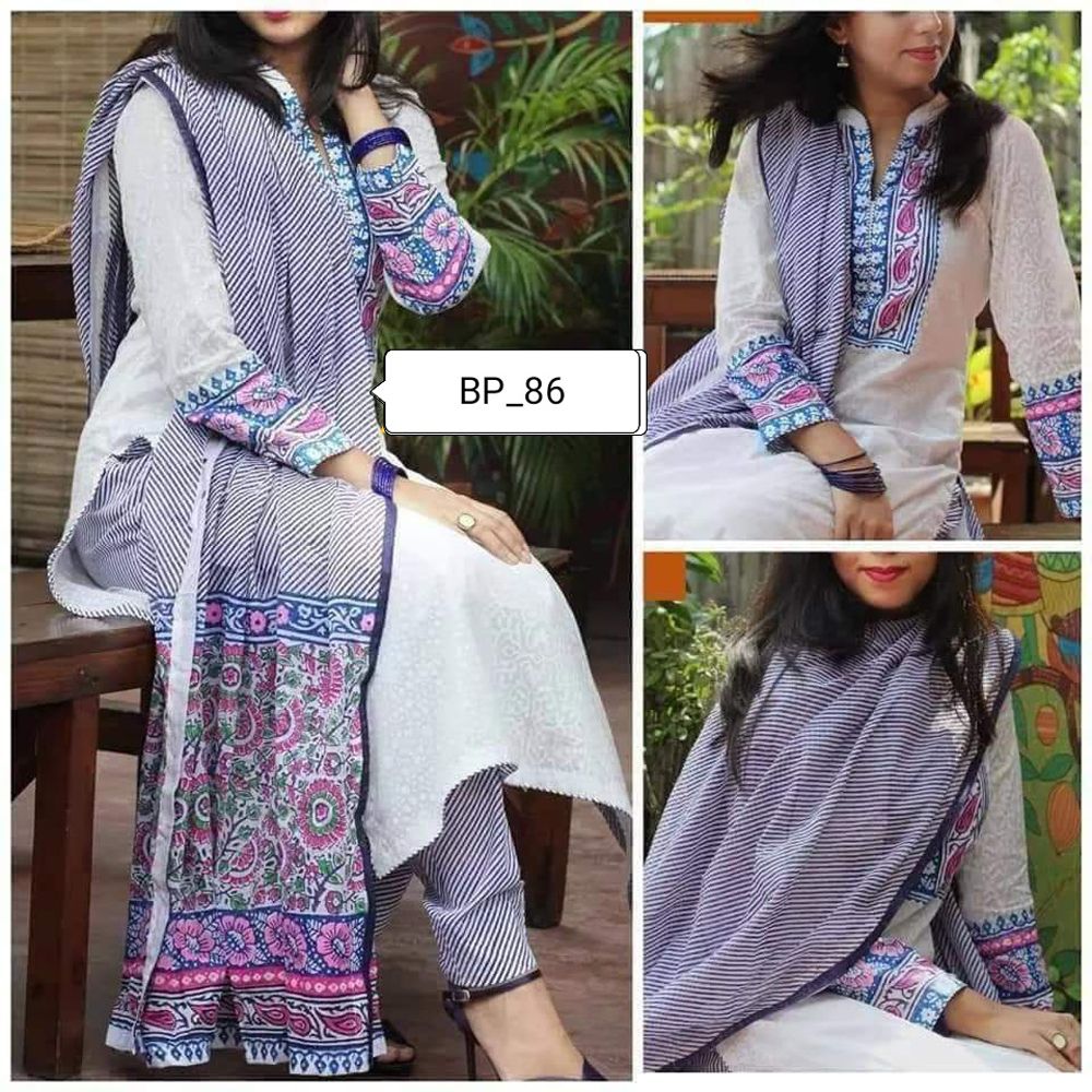 Block Printed Cotton Unstitched Three Piece For Women