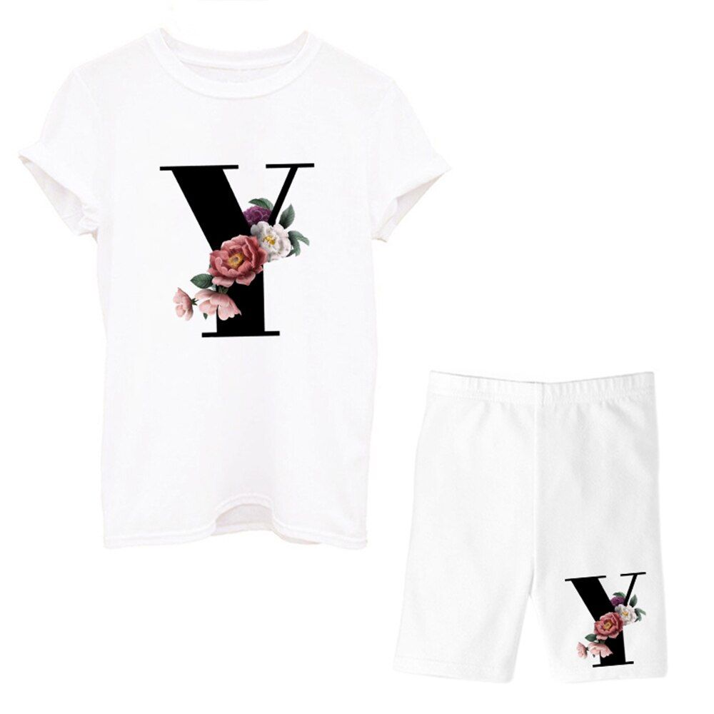 Two Piece Set Women Alphabet T Shirts And Shorts Set Summer Short Sleeve O-neck Casual Joggers Biker Shorts Outfit 26 Letter