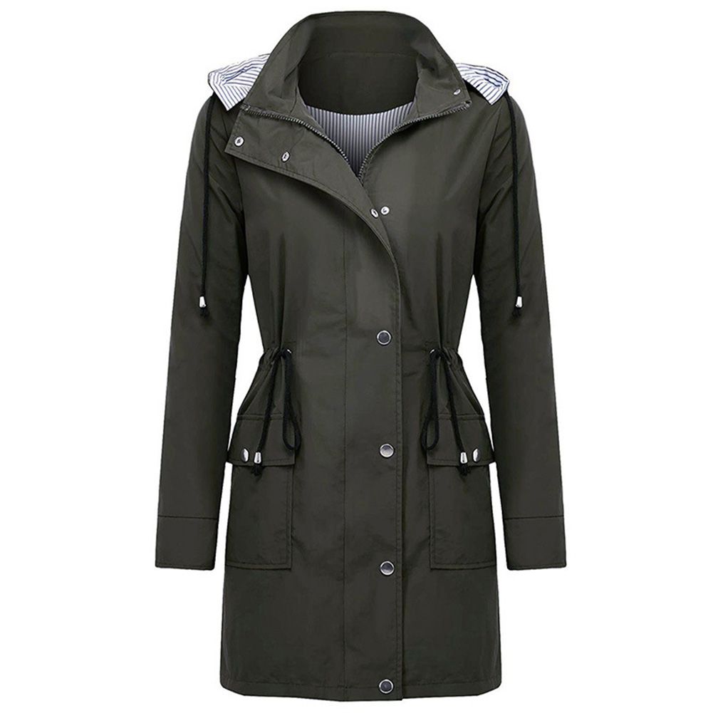Chic Lady Waterproof Color Block Patchwork Drawstring Hooded Wind Coat Outwear