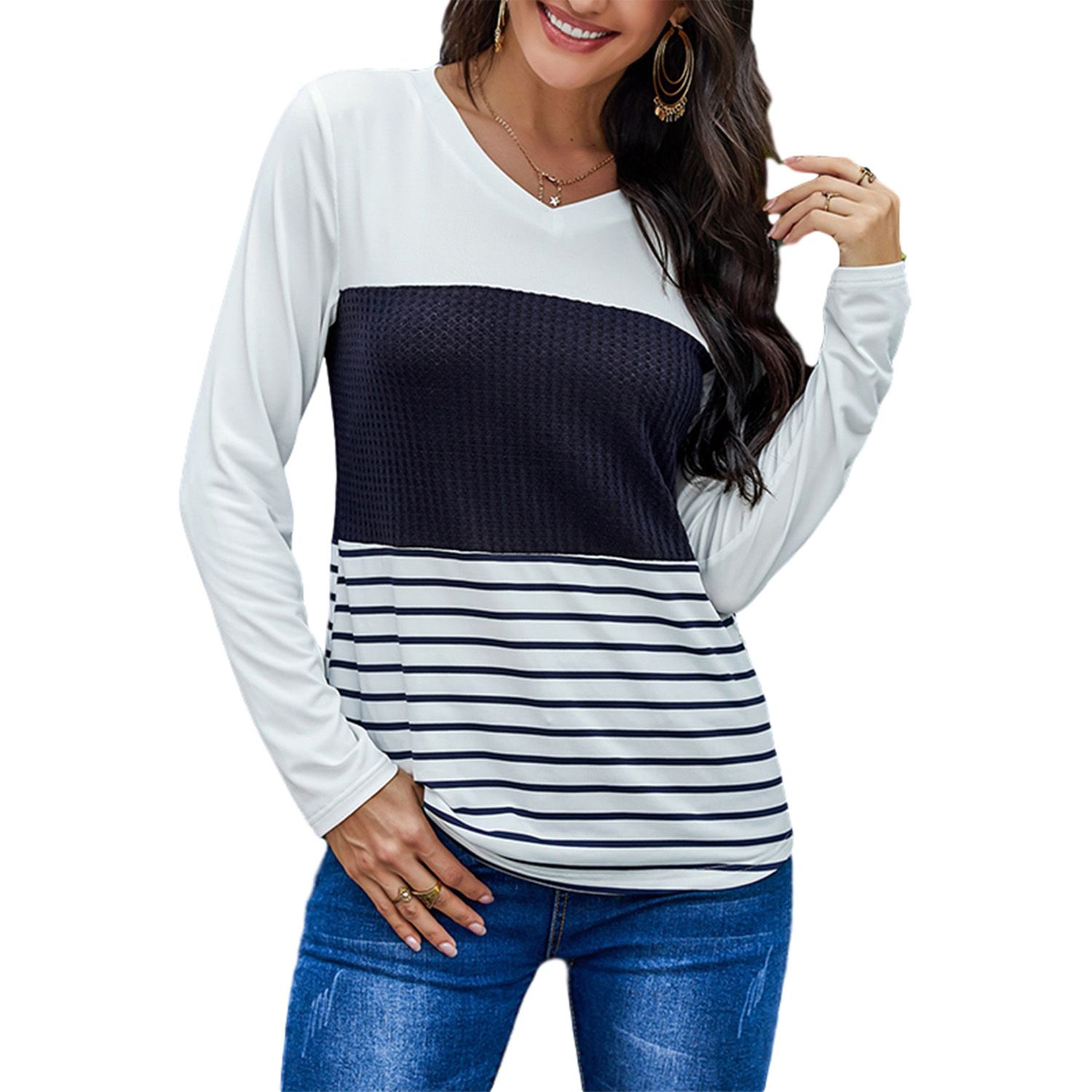 Women Color Block Sweater, Autumn and Winter Casual Long Sleeve V-neck Striped Pullover