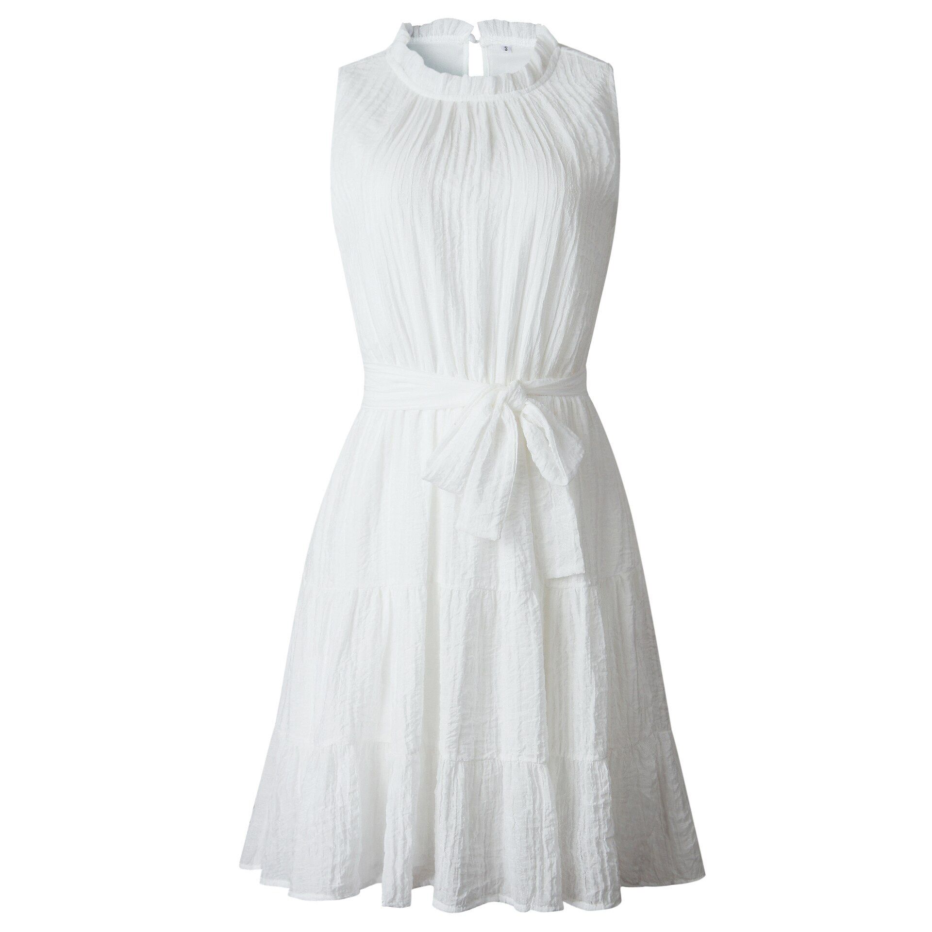 Summer Sweet Pleated Dress A-Line Women Sashes Dress Sleeveless Pure Color Mini Sundress Female Beach Dress Vestido Verano