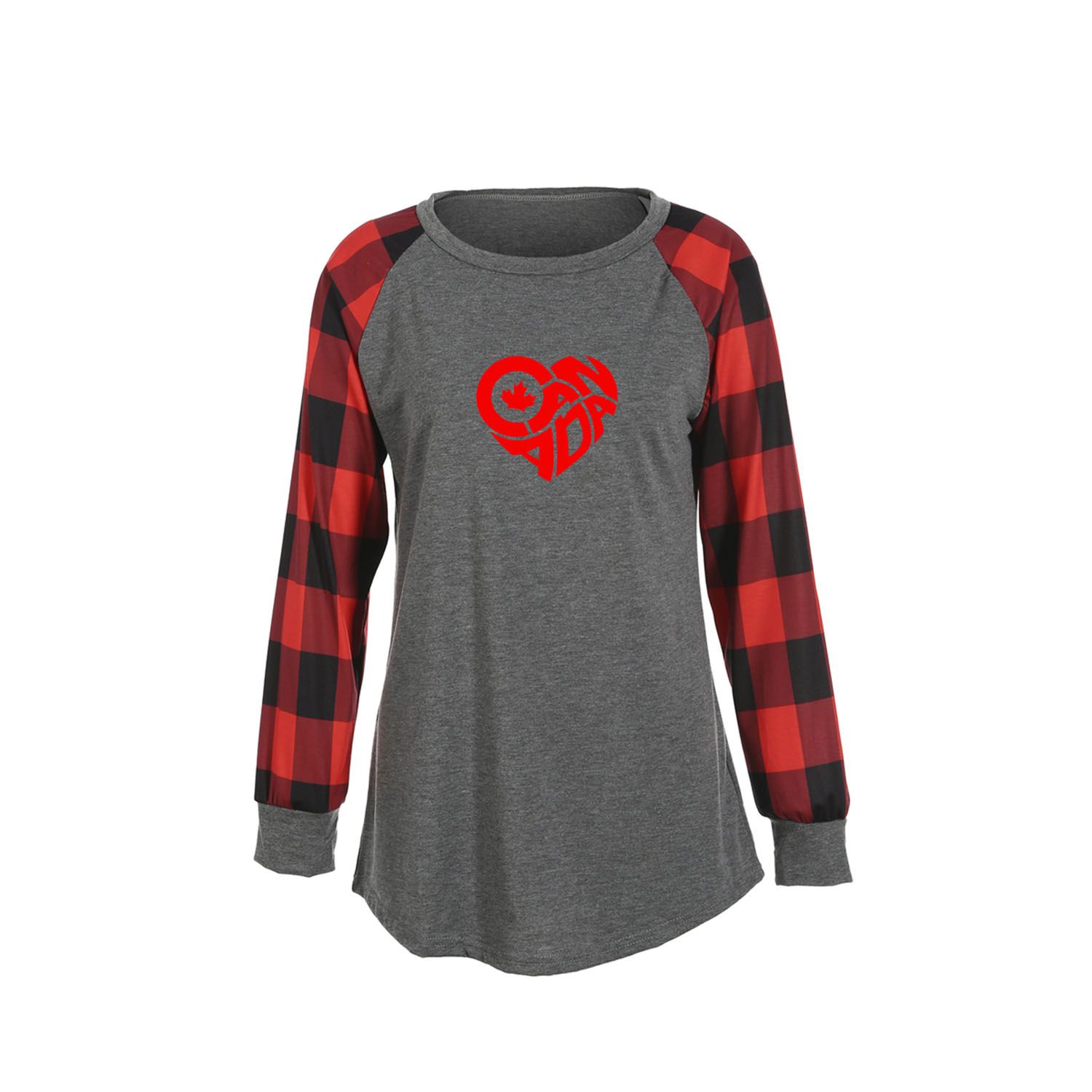 Women's Casual T-Shirt, Long Sleeve Plaid Heart Print Loose Fit Tops Valentine's Day Gift for Girlfriend