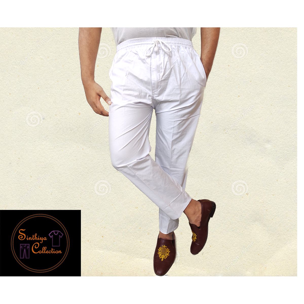 White Stitch Cotton Semi Narrow Fit Pajama / Trouser  Stretchable for Men