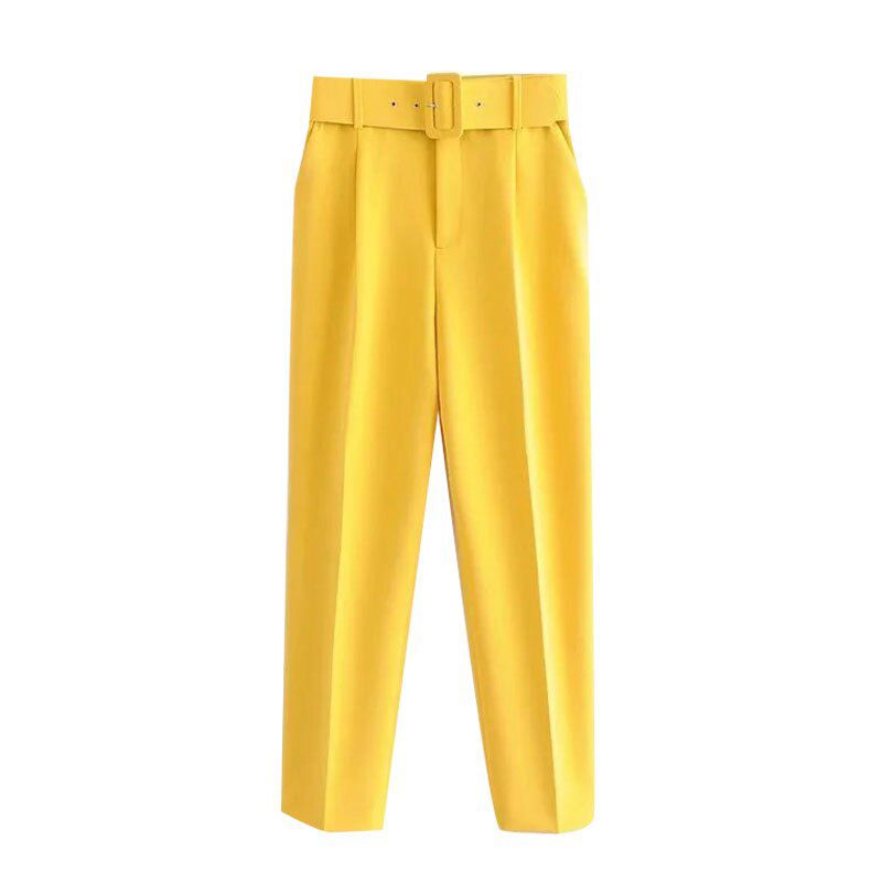 Women Fashion With Belt Side Pockets Office Wear Pants Vintage High Waist Zipper Fly Female Ankle Trousers Mujer