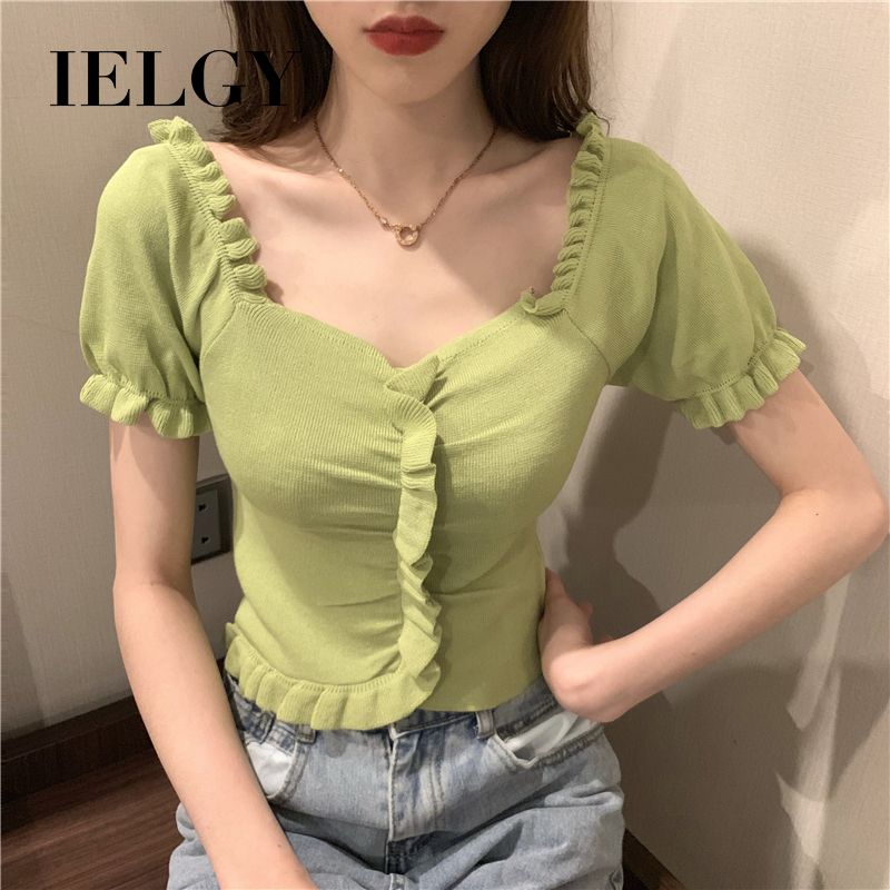 IELGY Retro Hong Kong Flavor Navel High Waist Short-Sleeve Tight Skinny Short Sleeve Sweater Tops Women