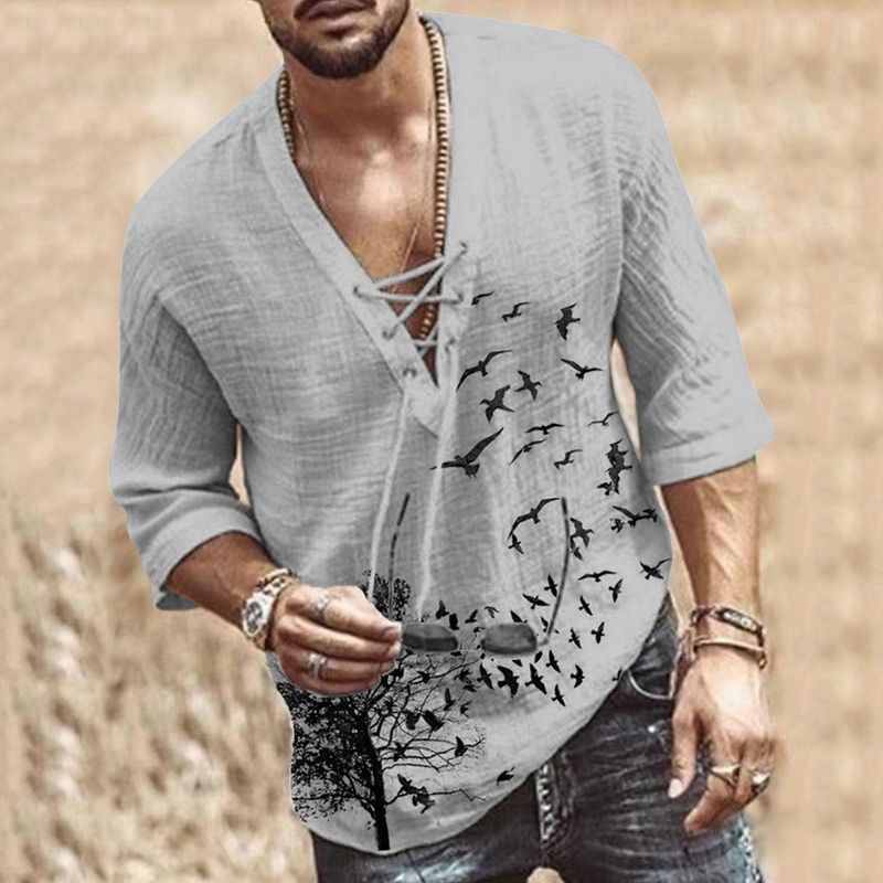 WENYUJH Men's Fashion Hippie Linen Shirt Casual Middle Sleeve V Neck Summer Beach Loose Tee Tops Solid Color T shirts 2021 New