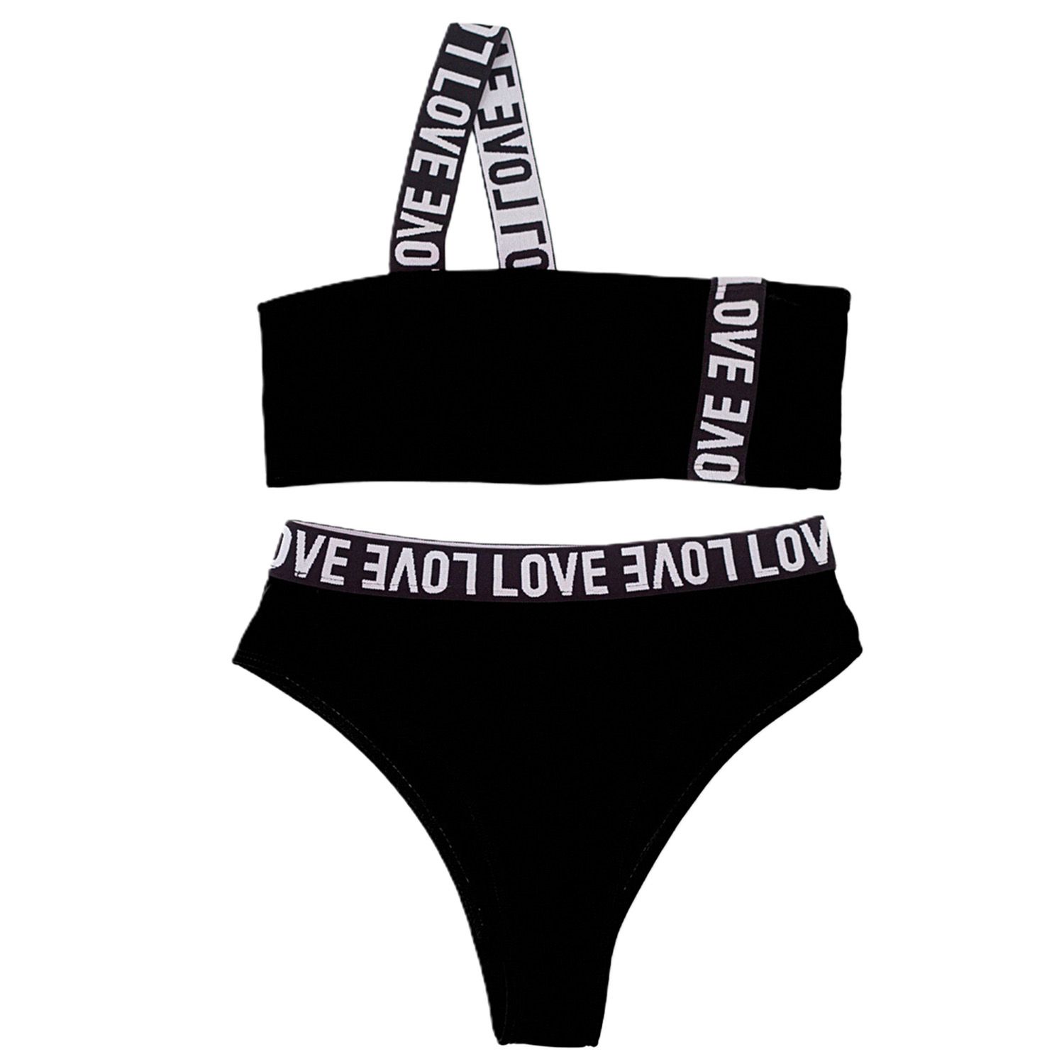 Women High Waist Briefs One Shoulder Tube Top Bra Letters Bikini Set Swimsuit