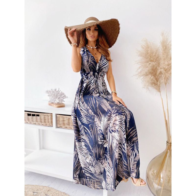 Elegant Print Long Dress Women Summer Deep V-Neck Sleeveless Dress Side Split Maxi Beach Dresses Ladies Party Club Vestido