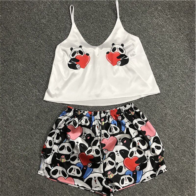 Summer y Women's Pajamas Pants Set Silk Home Clothes Suit Cute Print VNeck Pyjamas Woman Shorts Sleepwear Satin Girls Nightie