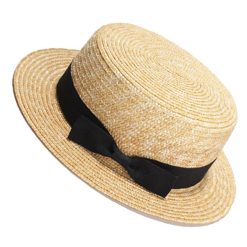 New Natural Wheat Straw Boater Fedora Top Flat Hat Women Men Summer Beach Flat Brim Cap Bowknot Ribbon For Holiday Party Cape