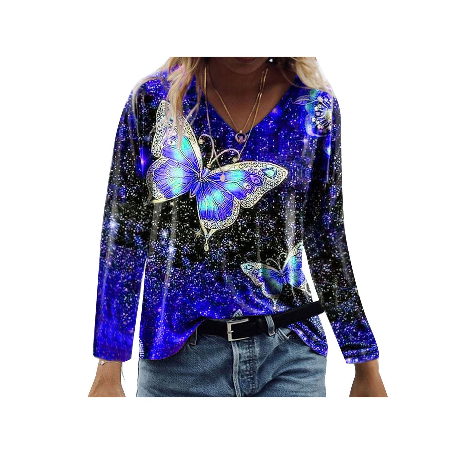 Women's Loose Butterfly Graphic Tops, Casual Long Sleeve V Neck Color Block T-Shirts