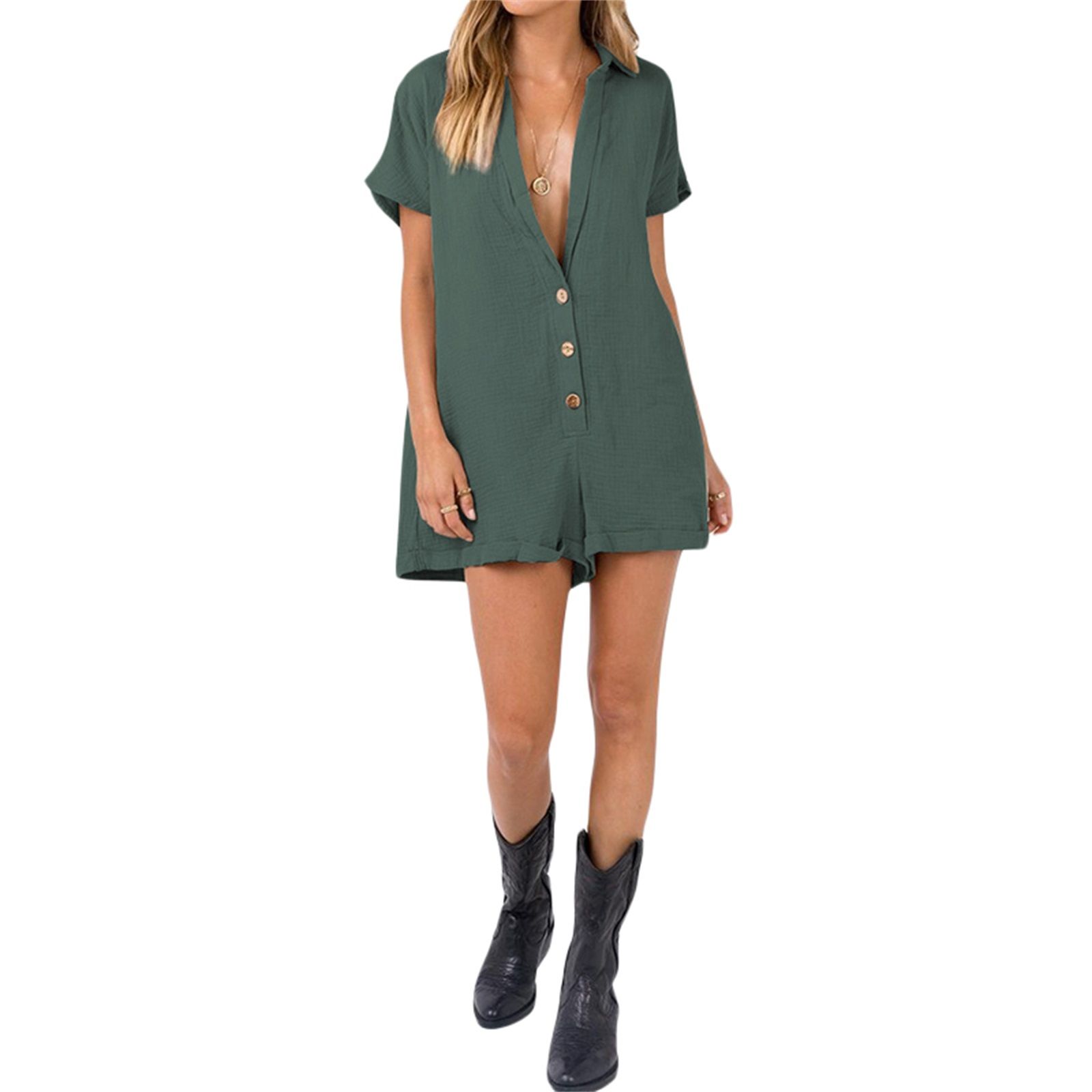 Women's Summer Short Sleeve Jumpsuits Shorts V Neck Button-Down Solid Color Rompers