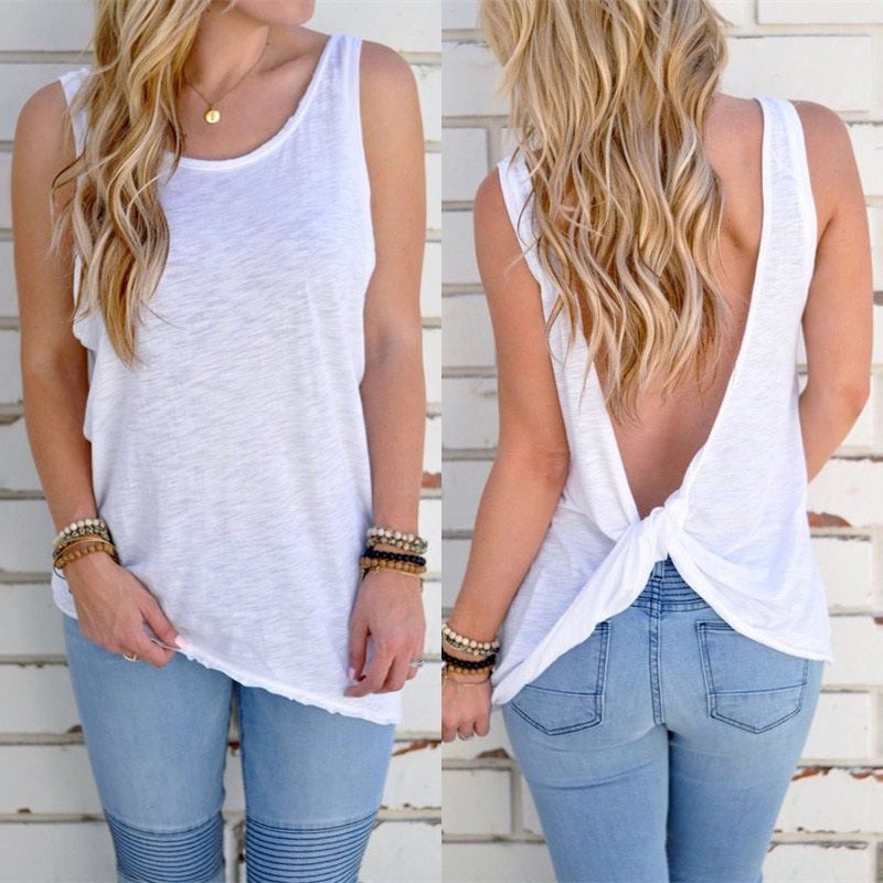 Women's Camisole & Tanks Solid Sleeveless Tops Backless Hollow Out Open Back Cool Loose Top Vest Camis